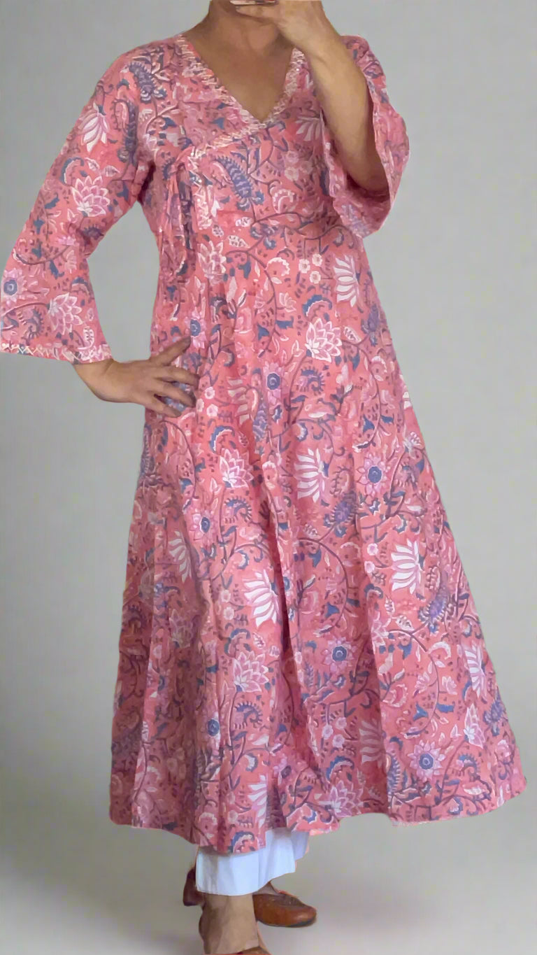 Hand Block Printed Angarkha Kurta: Peach