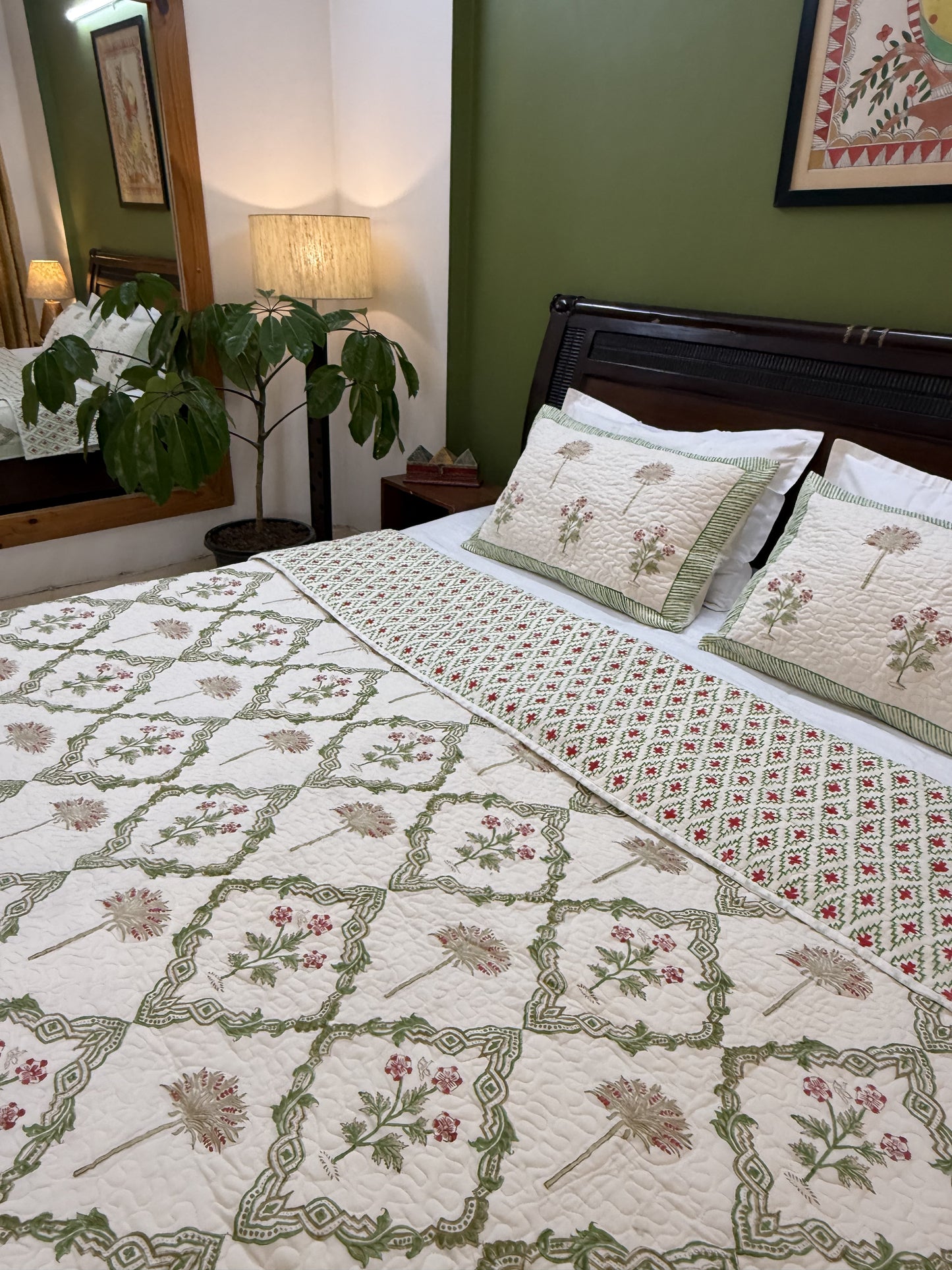Hand Block Printed Quilted Reversible Bed Cover: Dandelion