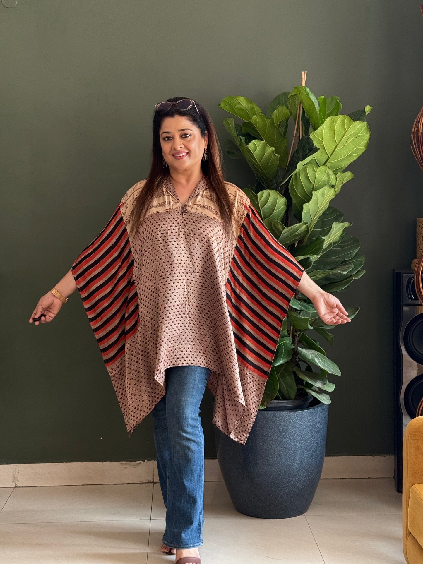 Ajrakh Vanaspati Modal Kaftan Top- Beige