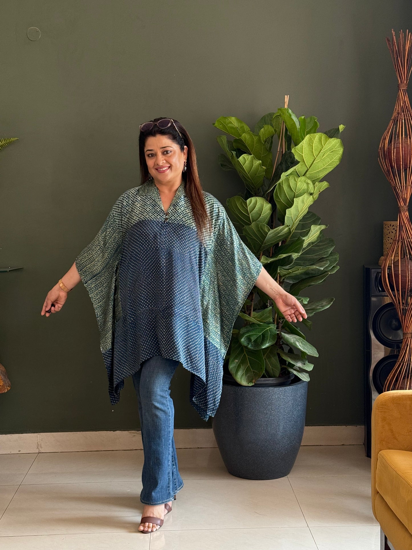 Ajrakh Vanaspati Modal Kaftan Top -Blue