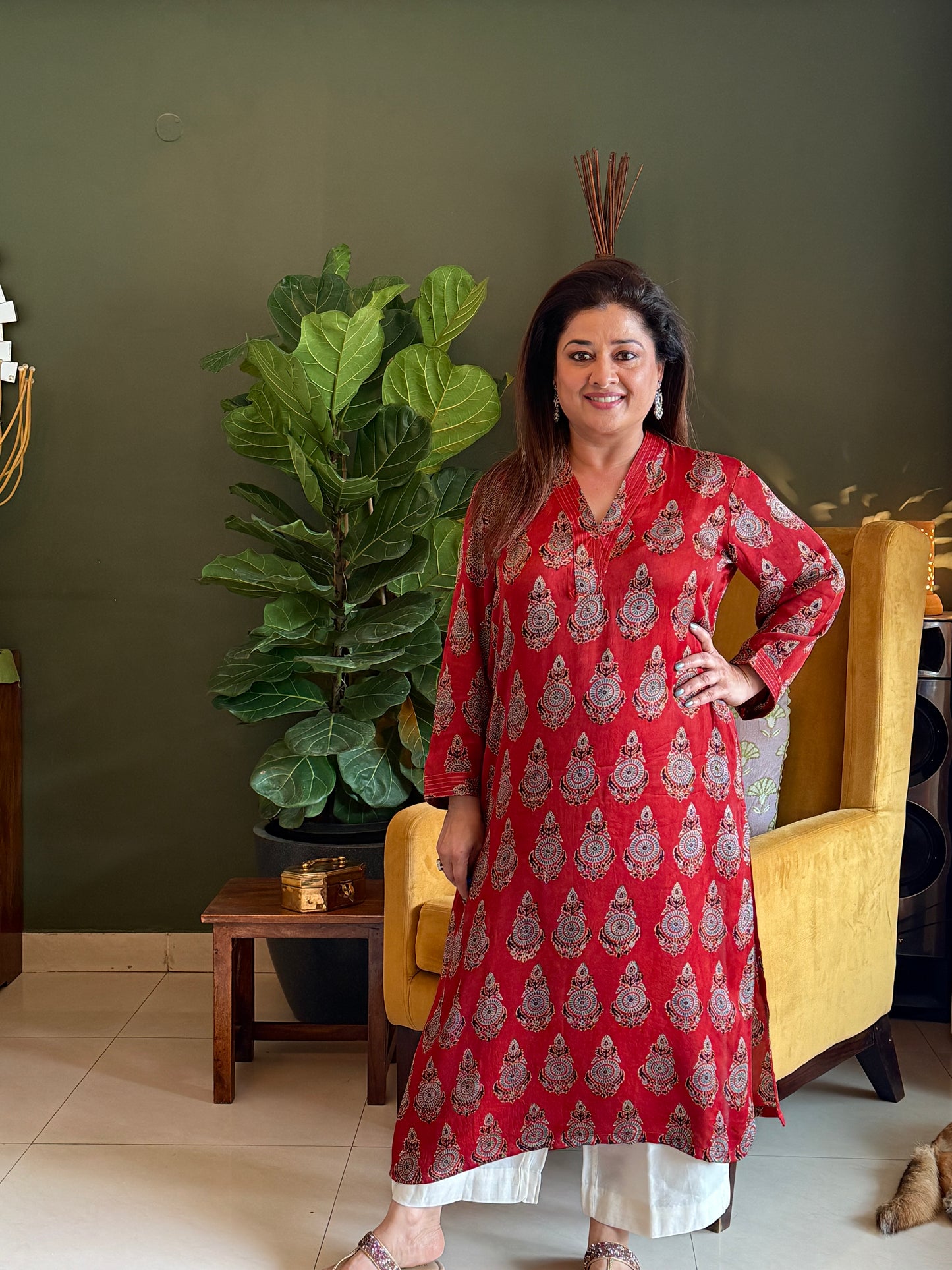 Ajrakh Modal Straight Kurta- Red