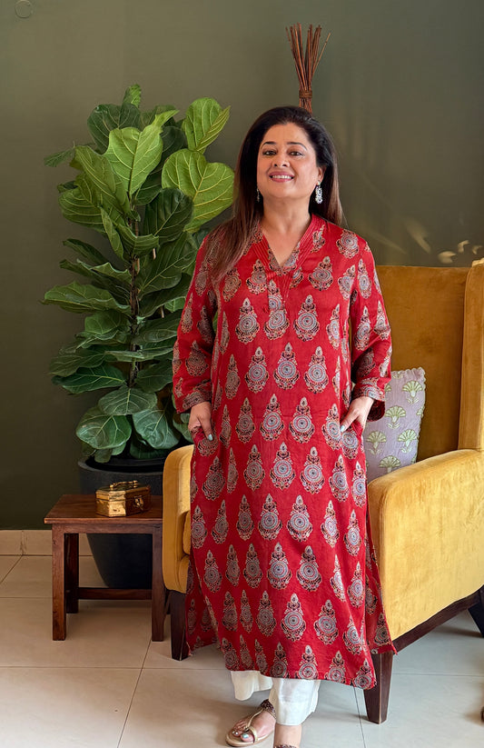 Ajrakh Modal Straight Kurta- Red