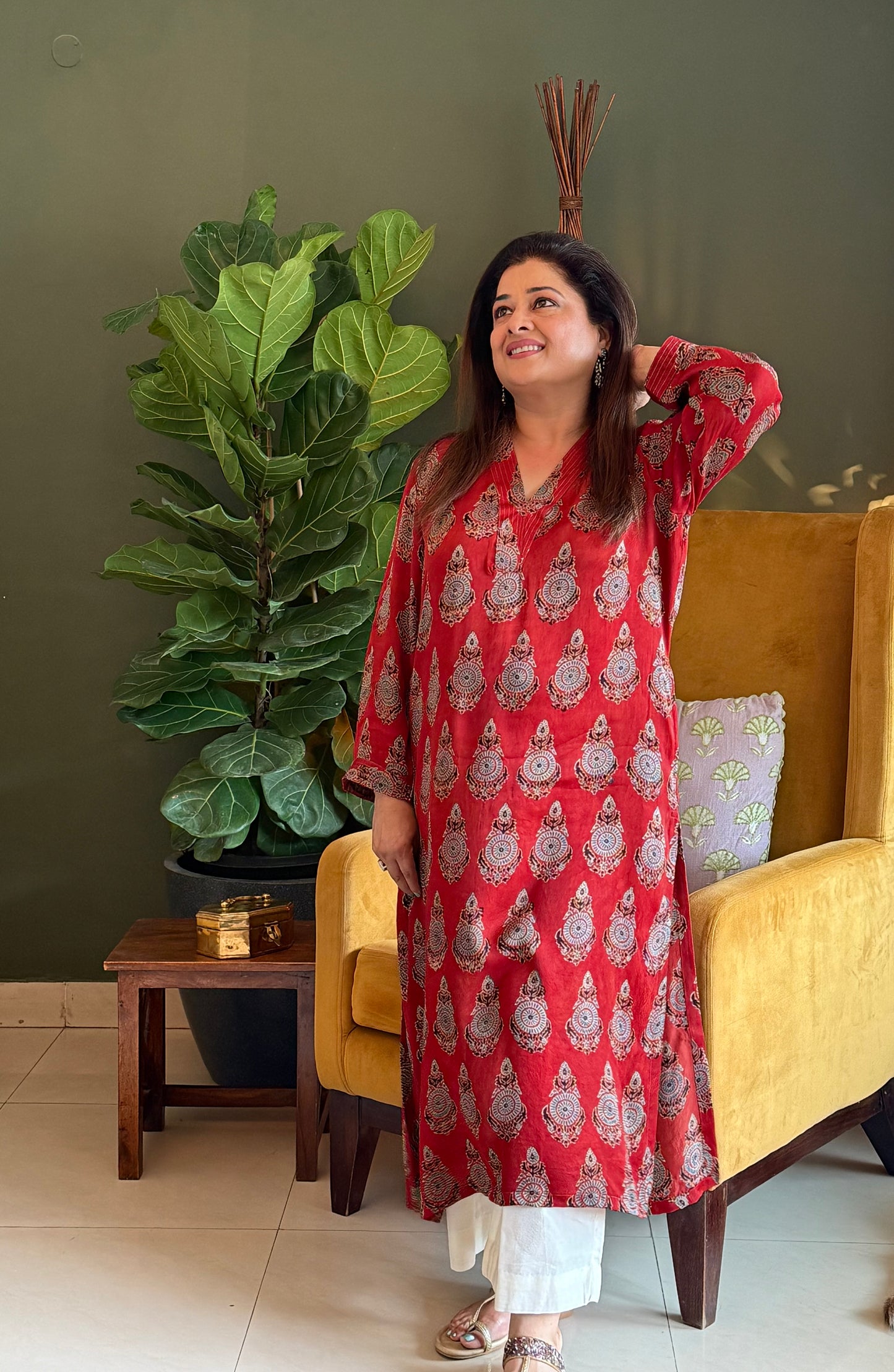 Ajrakh Modal Straight Kurta- Red