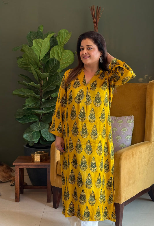 Ajrakh Modal Straight Kurta- Yellow