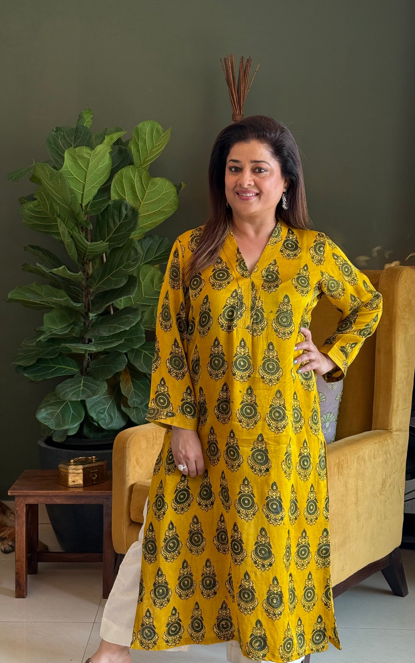 Ajrakh Modal Straight Kurta- Yellow
