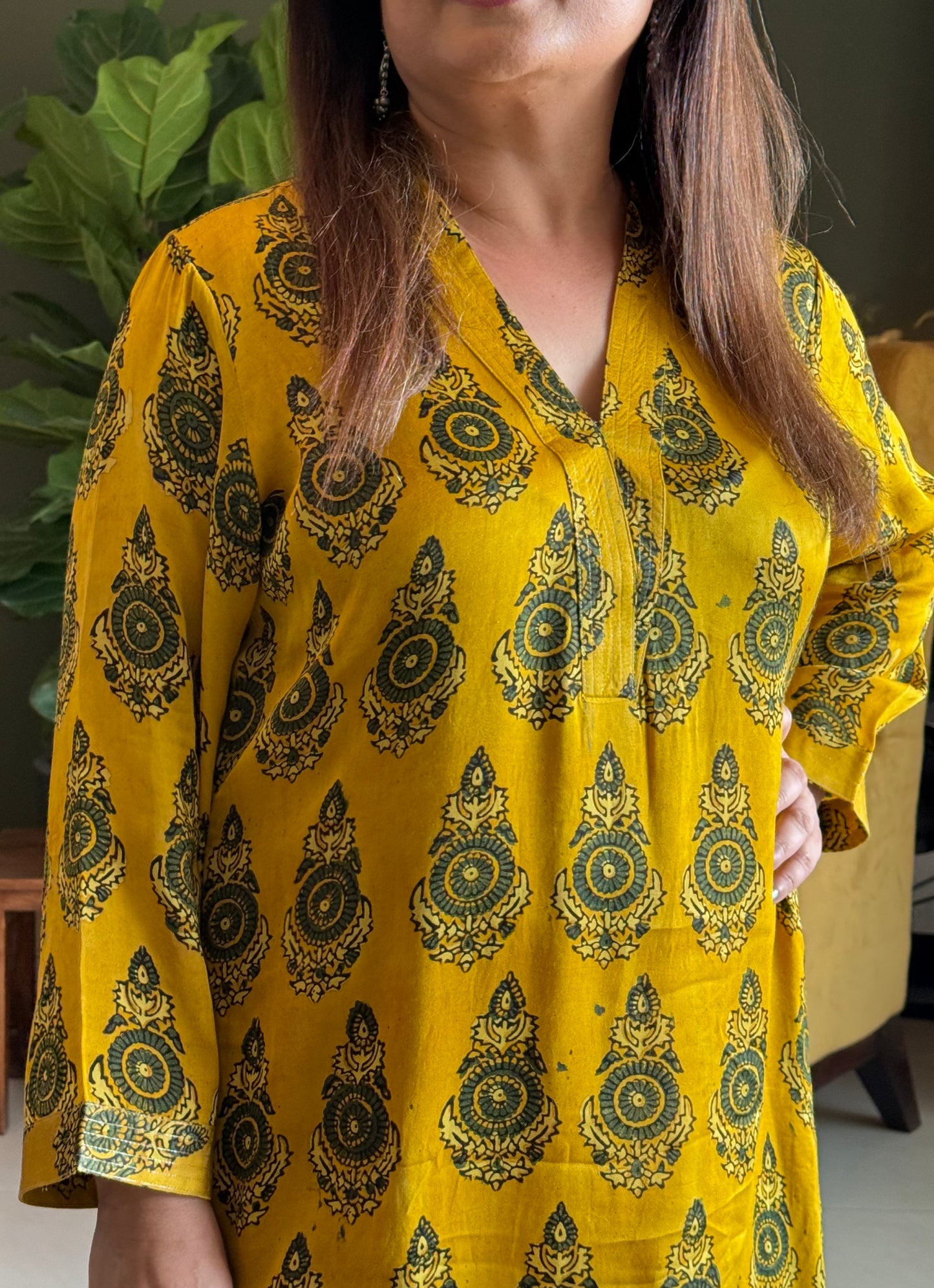 Ajrakh Modal Straight Kurta- Yellow