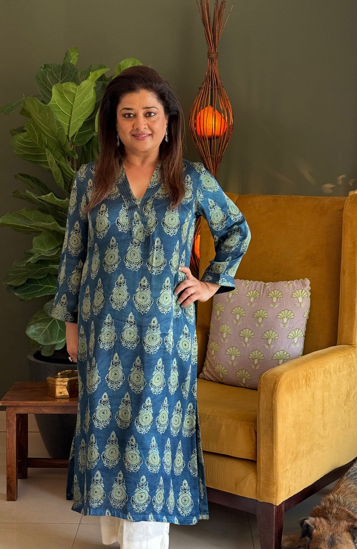 Ajrakh Modal Straight Kurta- Teal