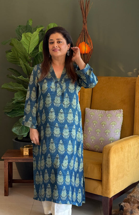 Ajrakh Modal Straight Kurta- Teal