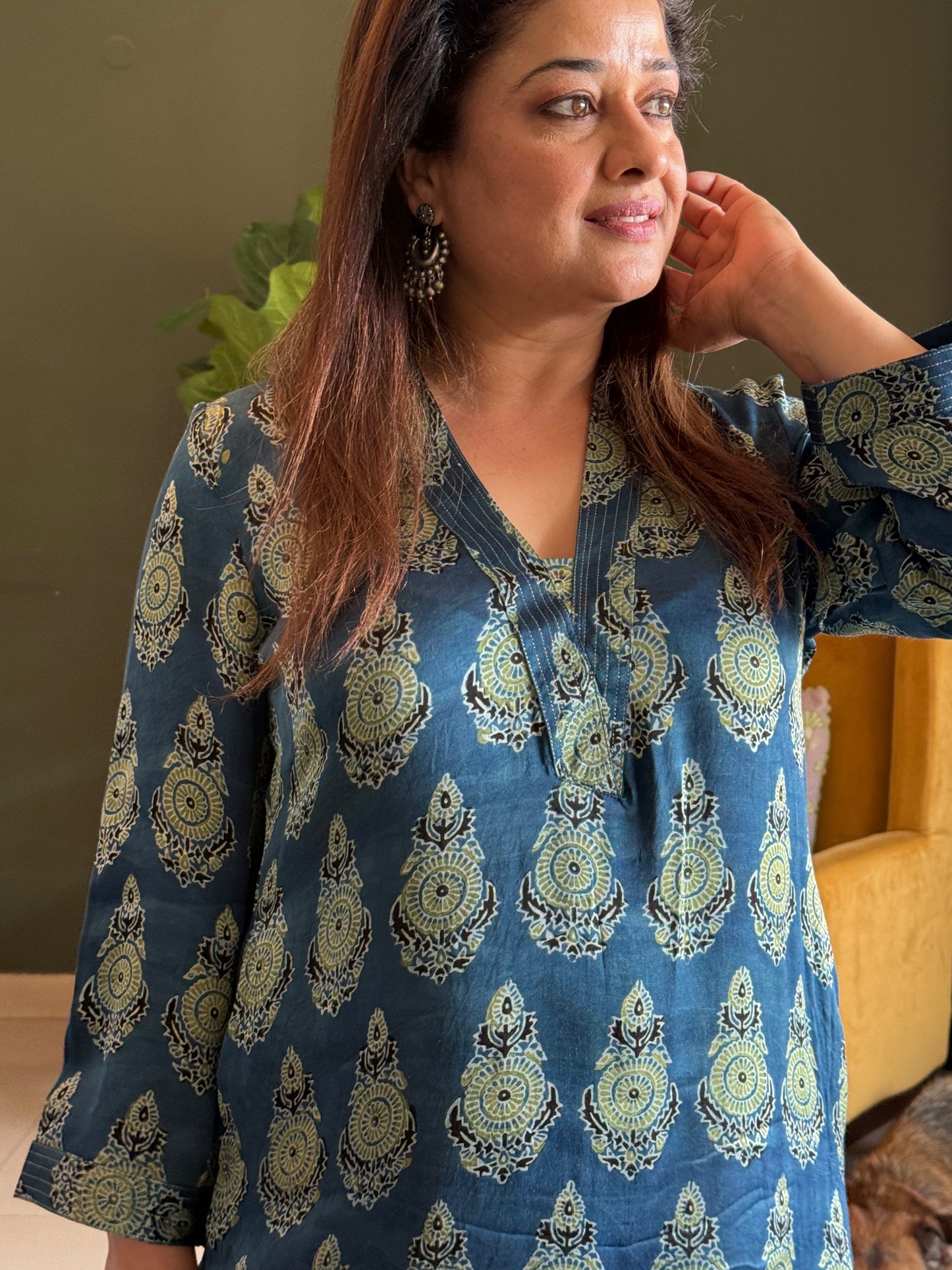 Ajrakh Modal Straight Kurta- Teal