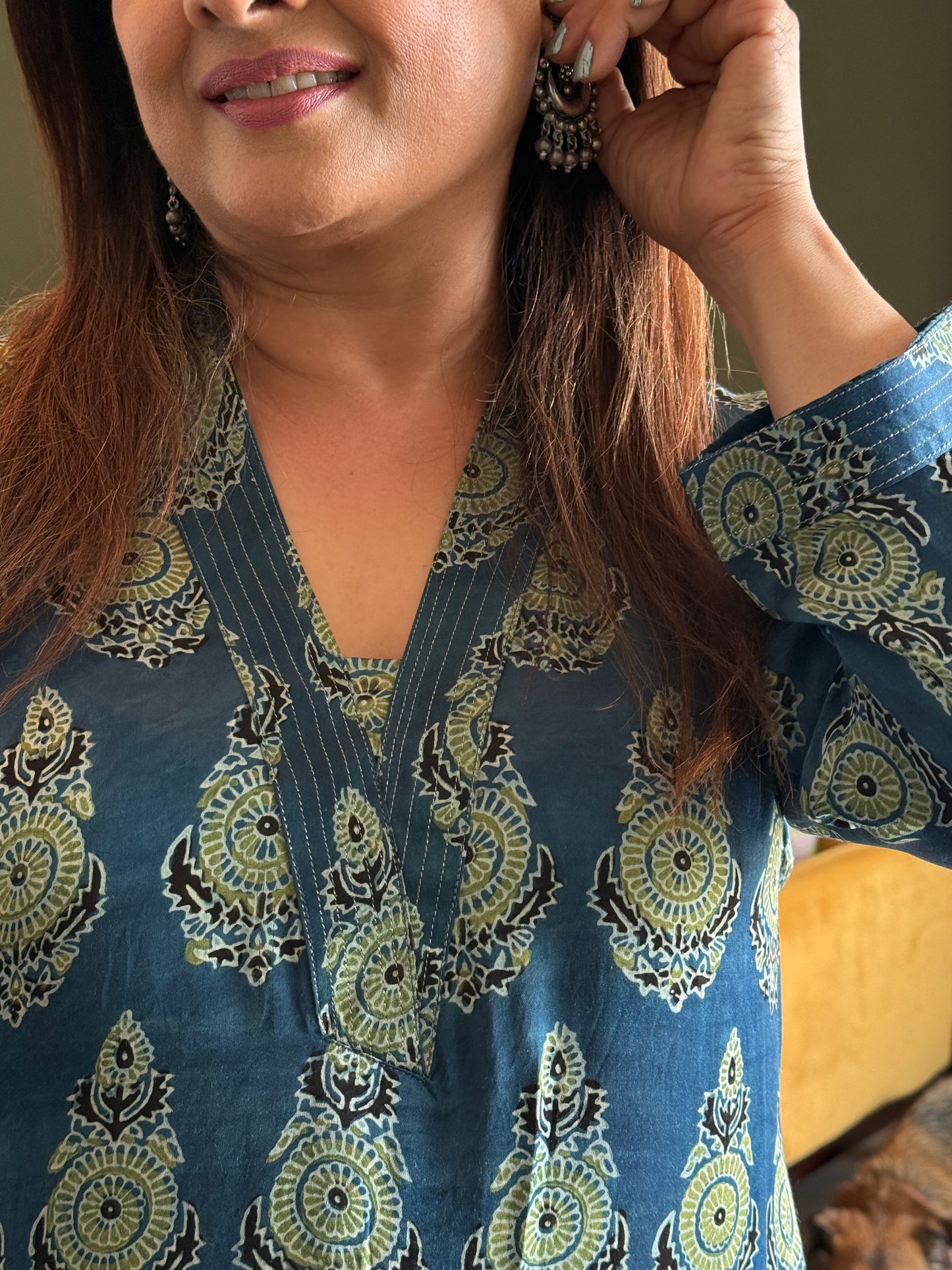 Ajrakh Modal Straight Kurta- Teal