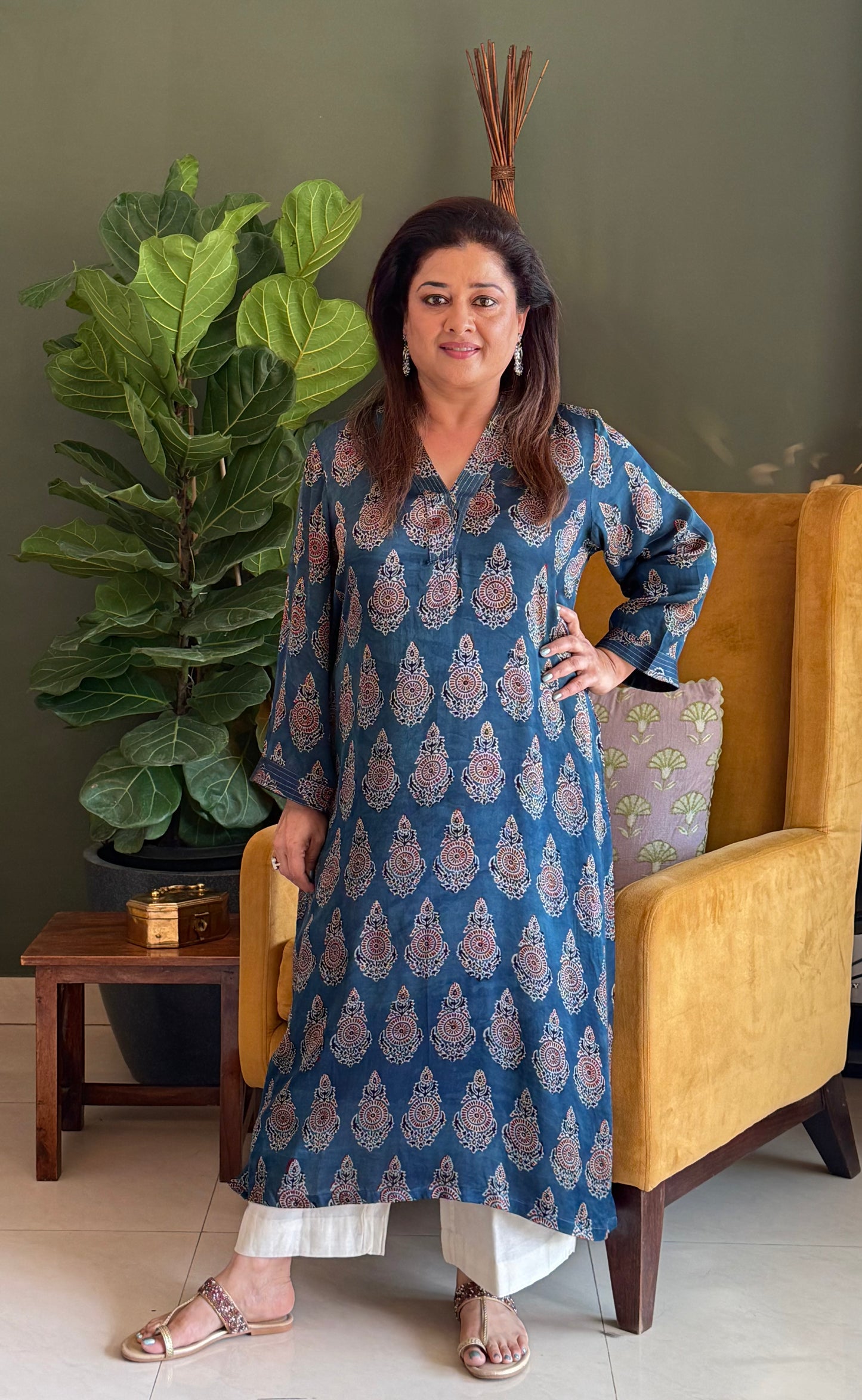 Ajrakh Modal Straight Kurta- Blue