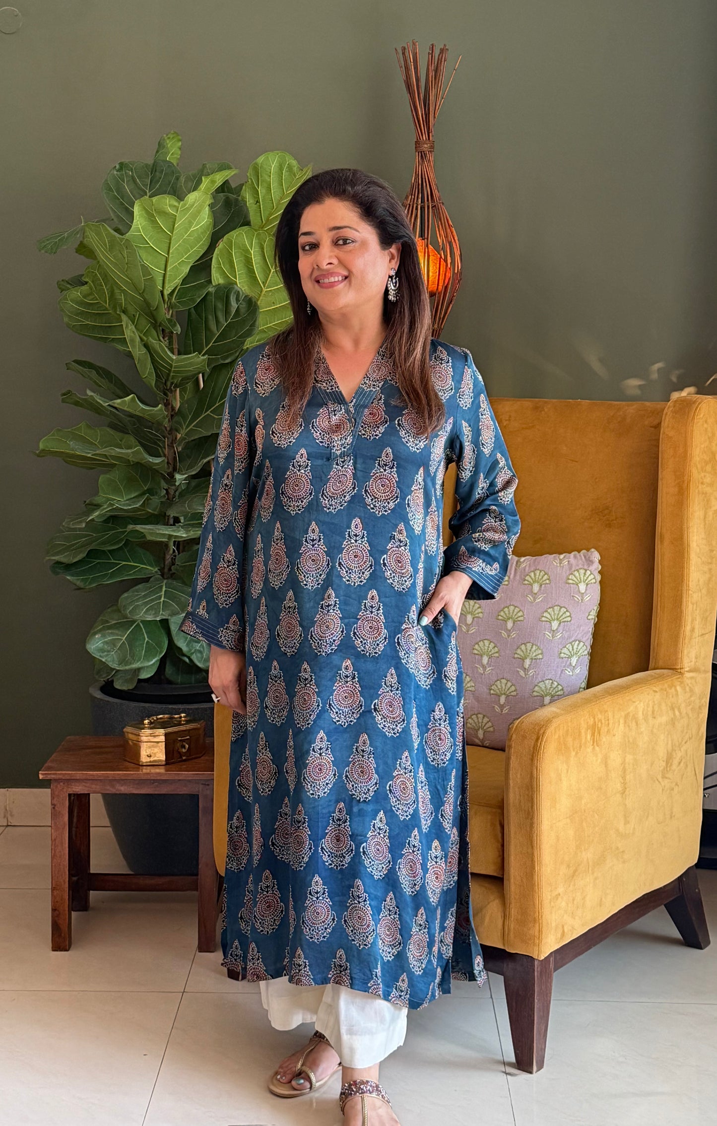 Ajrakh Modal Straight Kurta- Blue