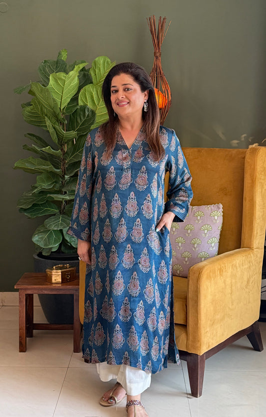 Ajrakh Modal Straight Kurta- Blue