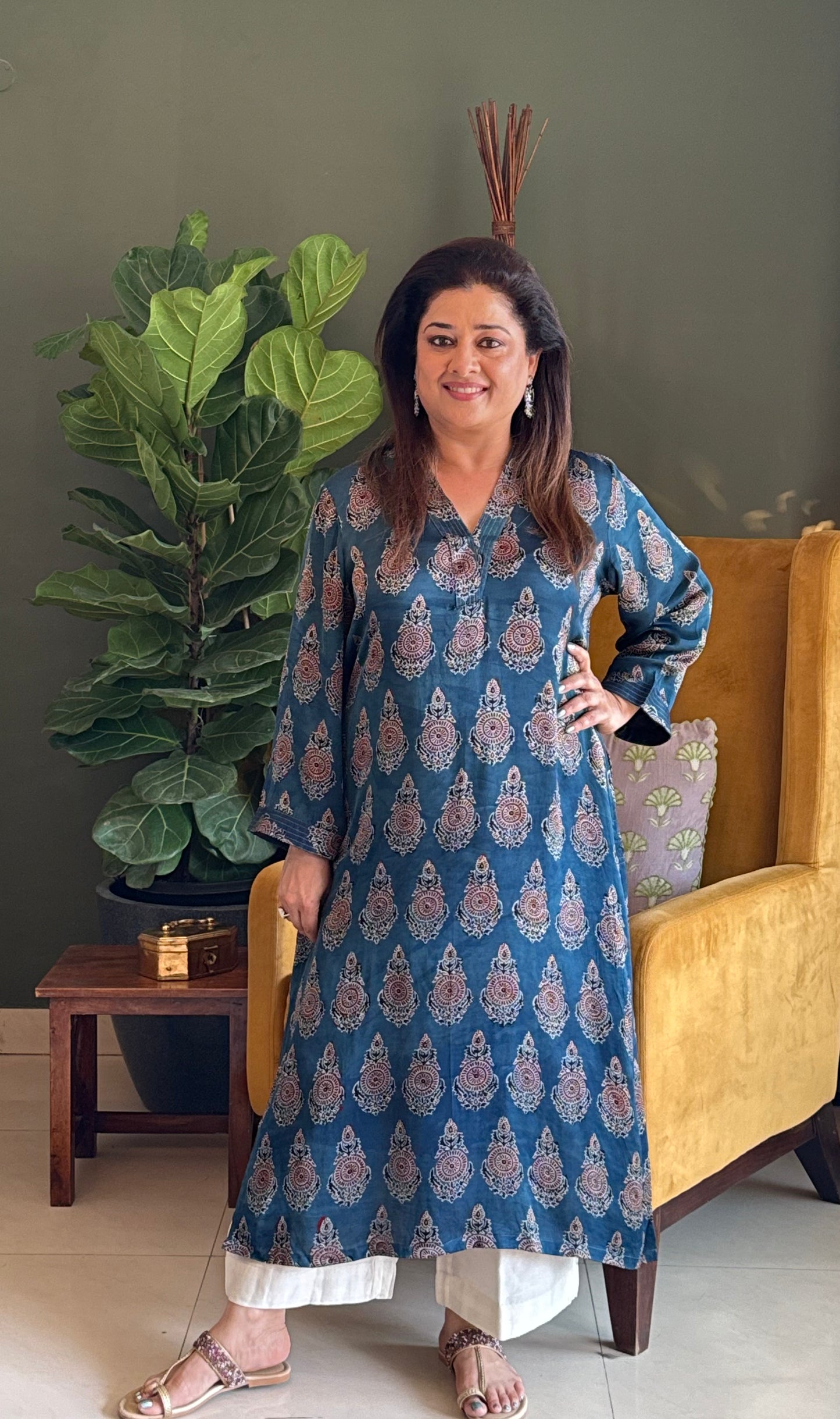 Ajrakh Modal Straight Kurta- Blue