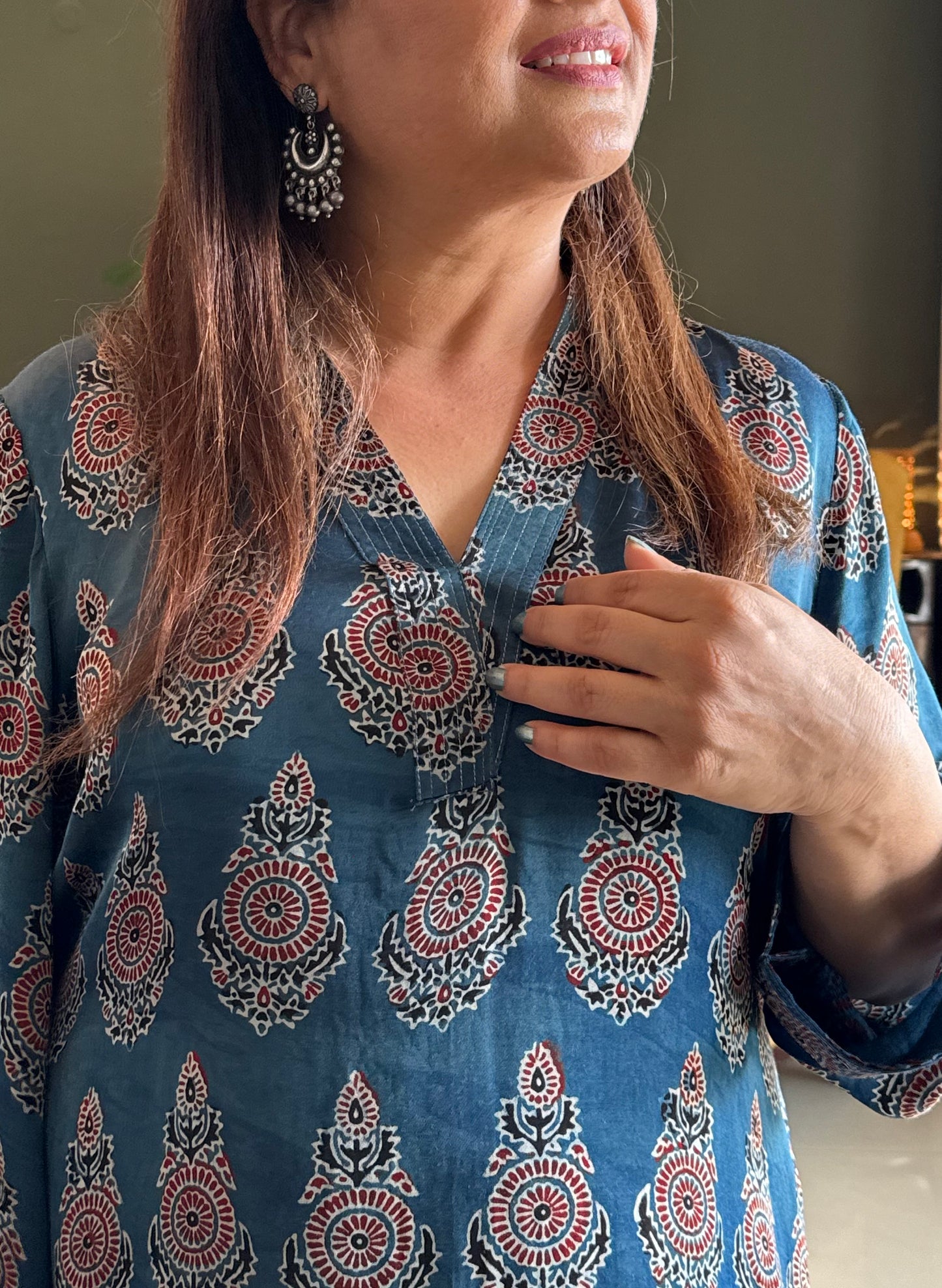 Ajrakh Modal Straight Kurta- Blue