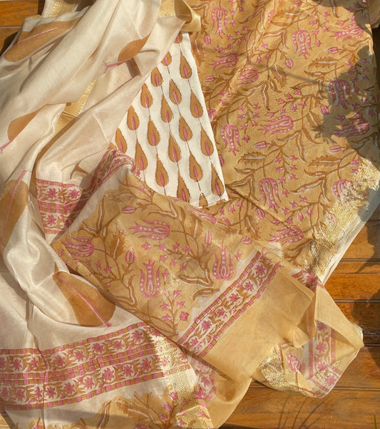 Hand Block Printed Maheshwari Suit Fabric: Yellow