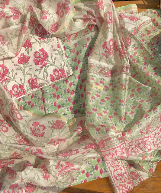 Hand Block Printed Chanderi Suit Fabric Pink & Green