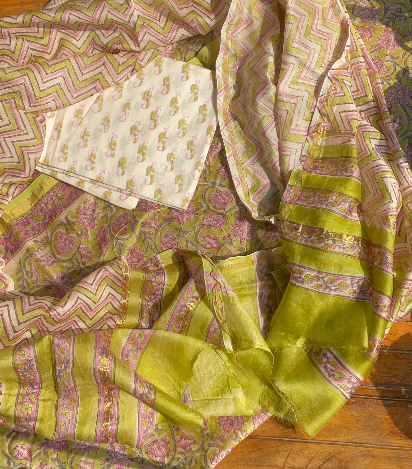 Hand Block Printed Chanderi Suit Fabric: Green