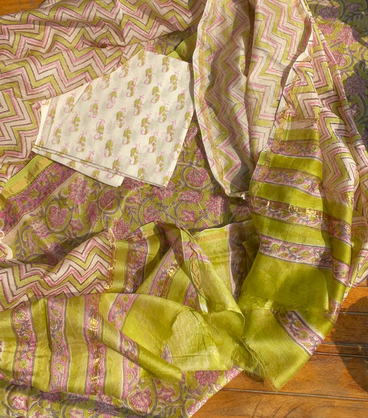 Hand Block Printed Chanderi Suit Fabric: Green