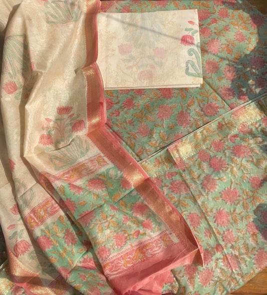 Hand Block Printed Maheshwari Suit Fabric: Sea green