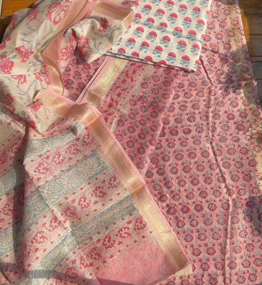 Hand Block Printed Maheshwari Suit Fabric: Pink
