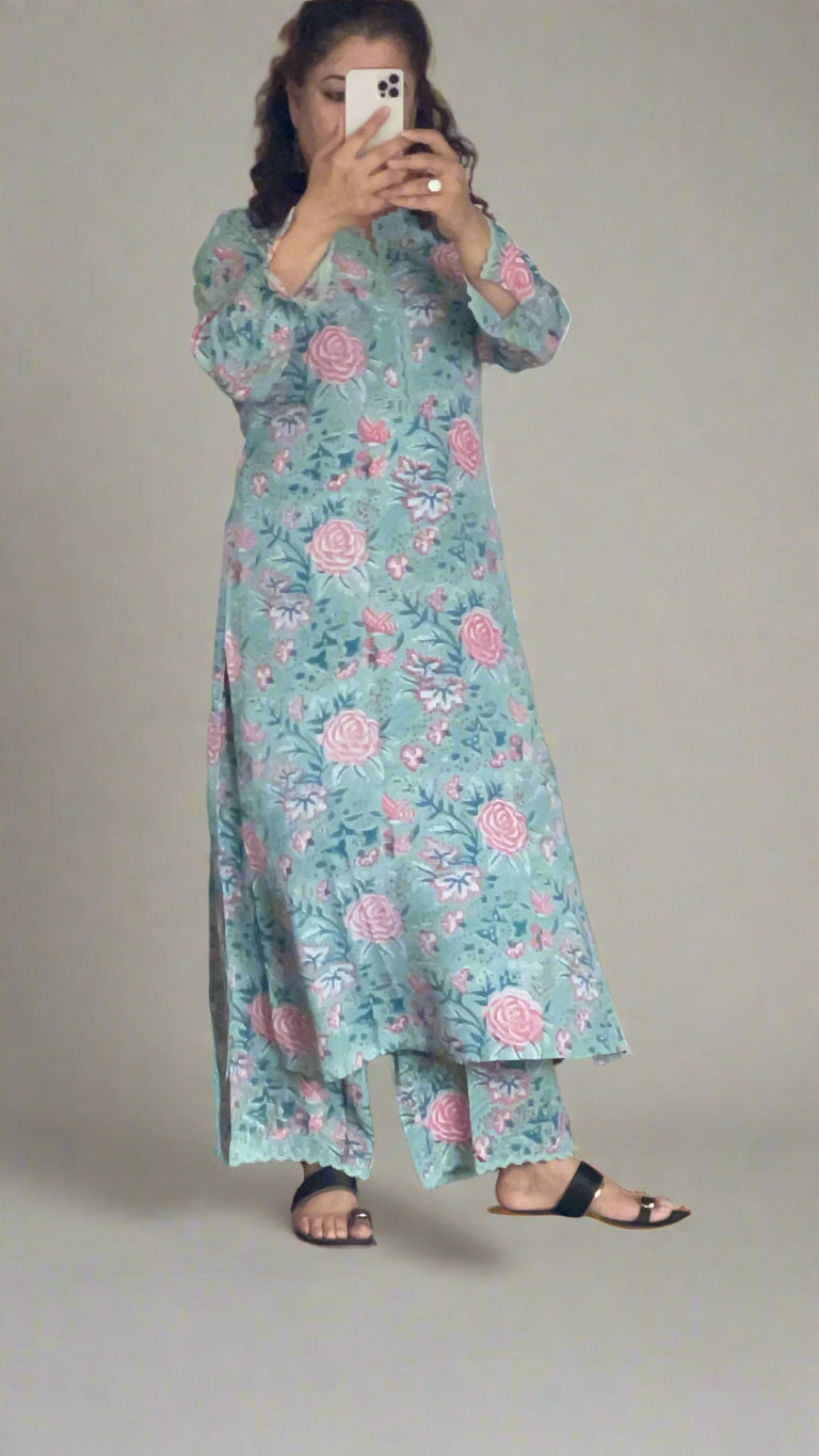 Hand Block Printed Modal Suit Set: Green