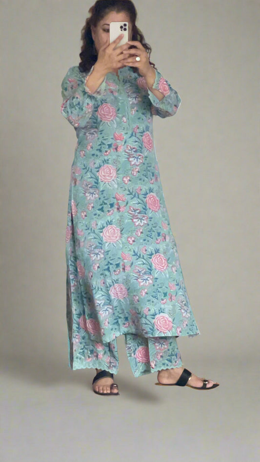 Hand Block Printed Modal Suit Set: Green