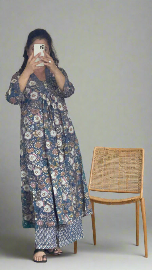 Hand Block Printed Mughal Cotton Set: Grey