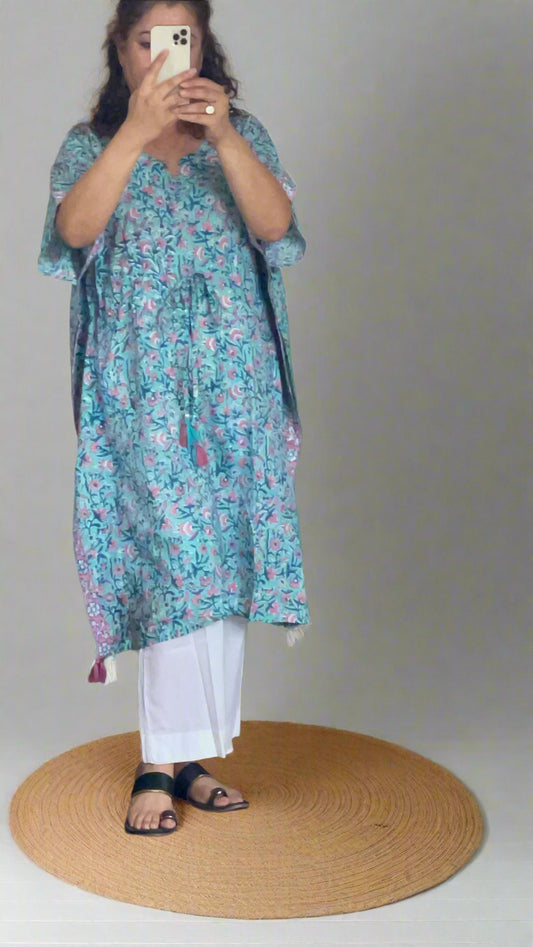 Hand Block Printed Blue Short Kaftan