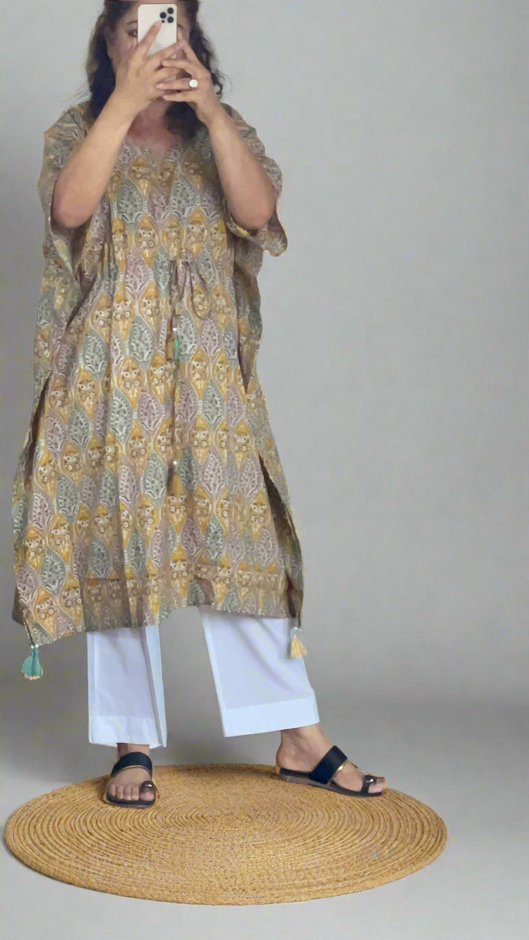 Hand Block Printed Yellow Short Kaftan