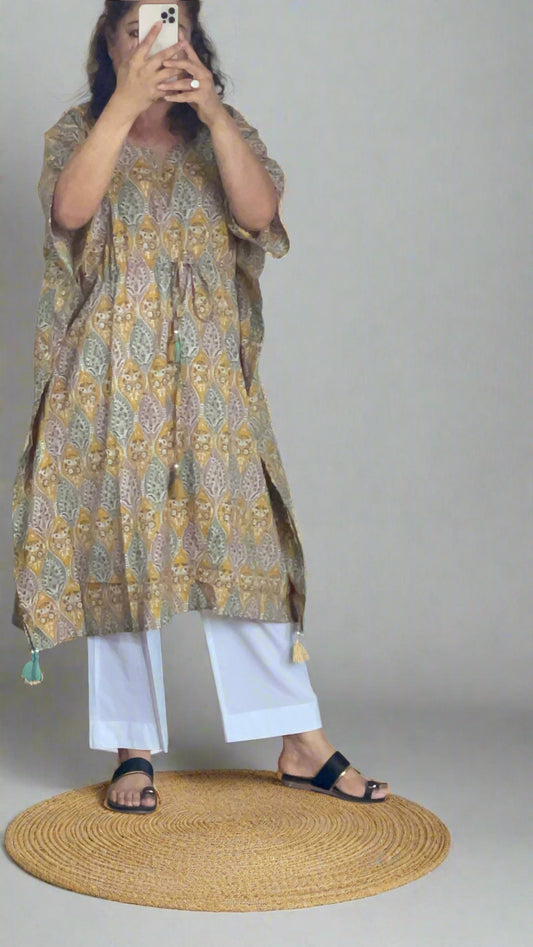 Hand Block Printed Yellow Short Kaftan