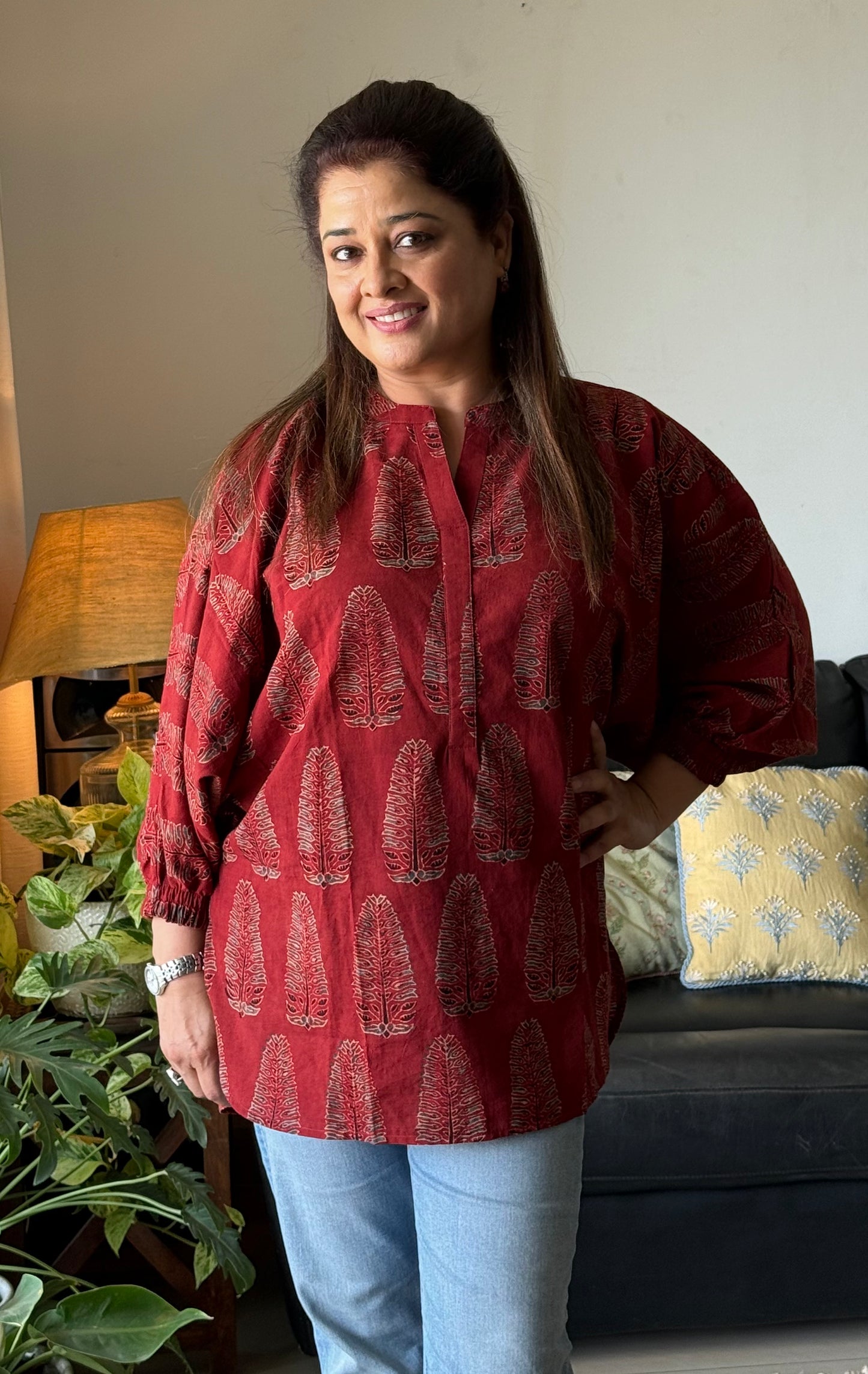Ajrakh Cotton Kaftan Top - Red