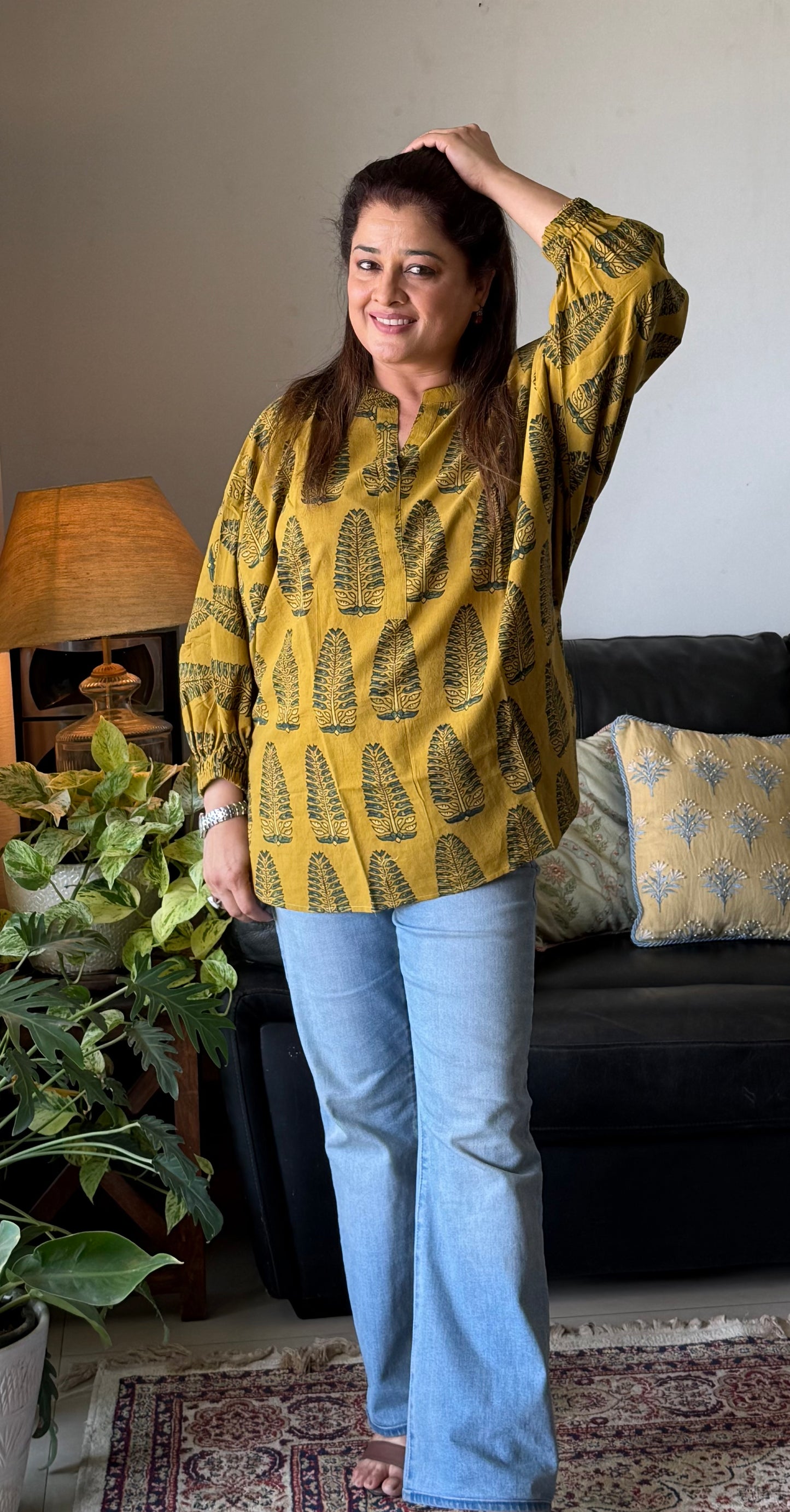 Ajrakh Cotton Kaftan Top- Yellow