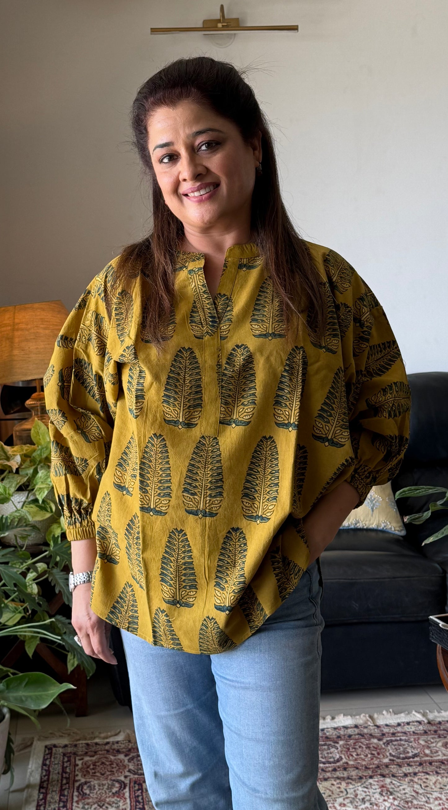 Ajrakh Cotton Kaftan Top- Yellow