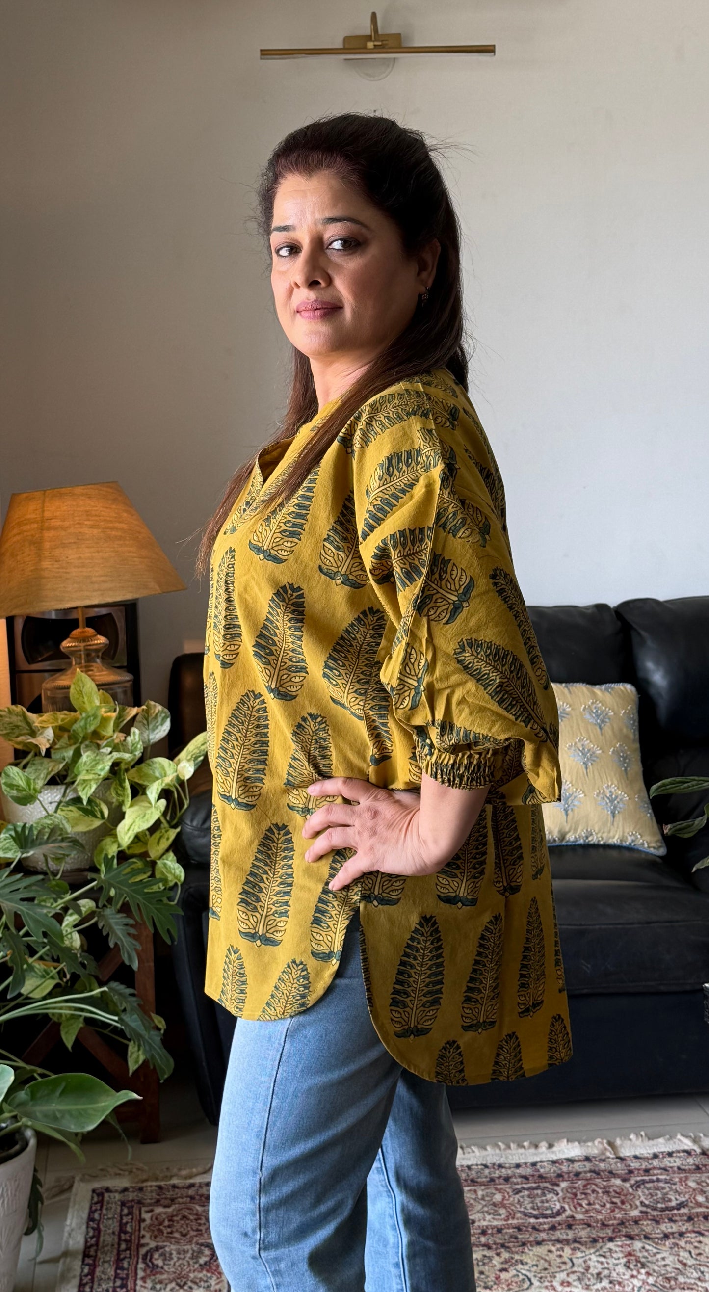 Ajrakh Cotton Kaftan Top- Yellow