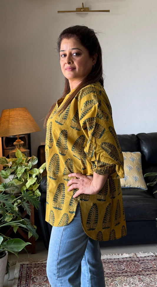 Ajrakh Cotton Kaftan Top- Yellow