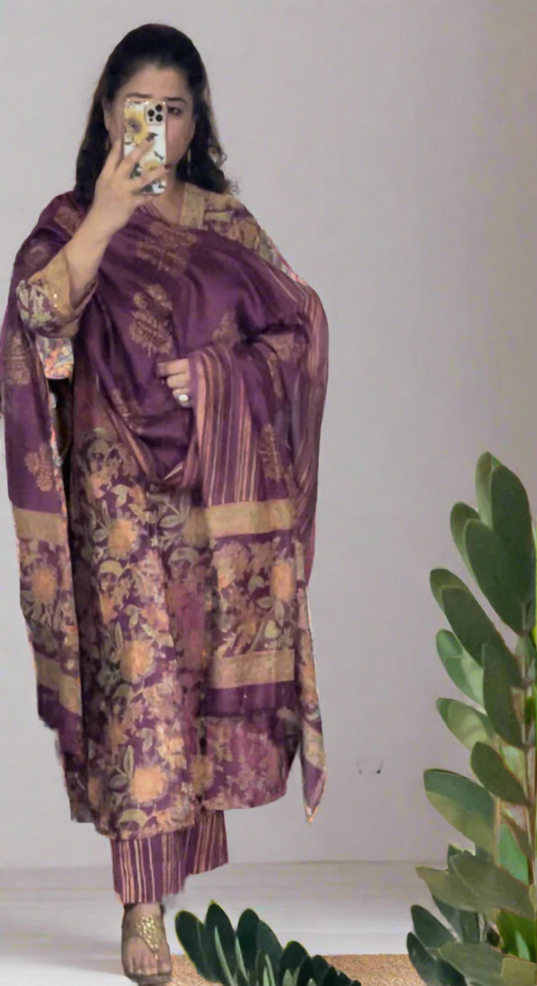 Hand Block Printed Chanderi Silk Set: Wine Floral