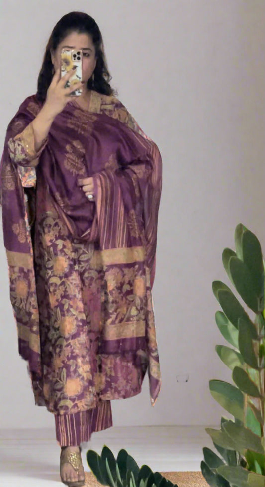 Hand Block Printed Chanderi Silk Set: Wine Floral
