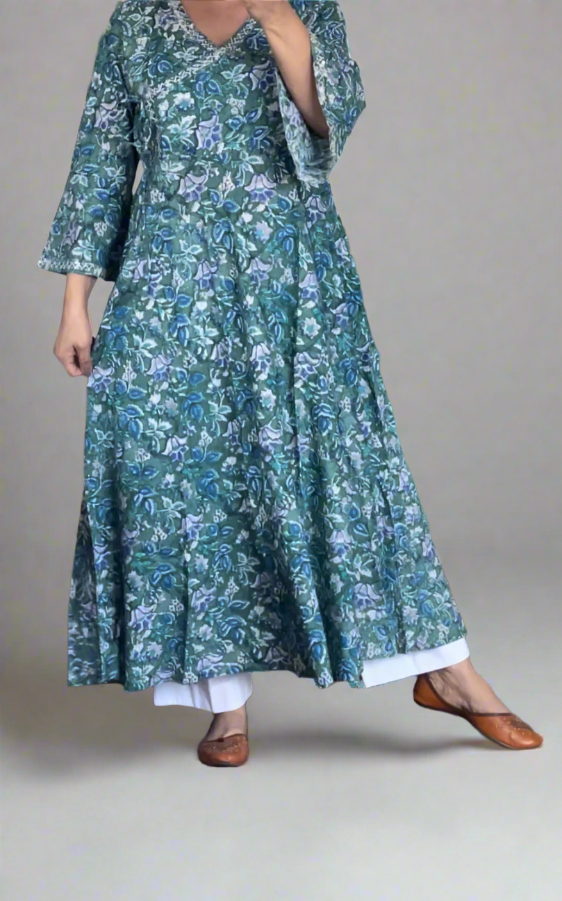 Hand Block Printed Angarkha Kurta: Green