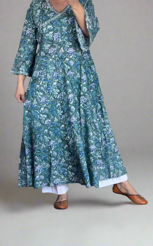Hand Block Printed Angarkha Kurta: Green