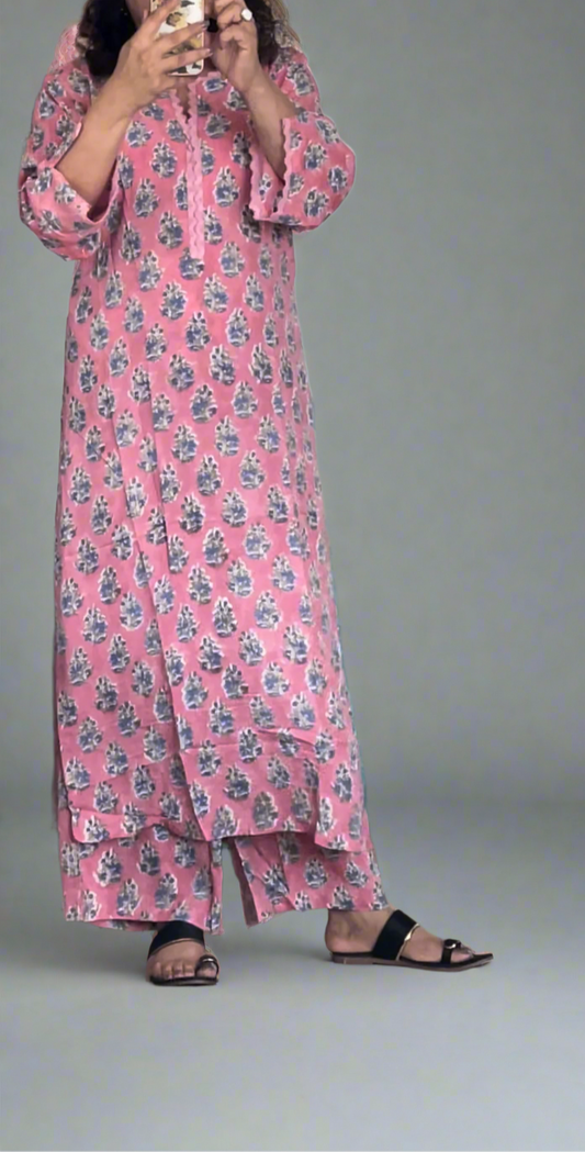 Hand Block Printed Modal Suit Set: Pink with Blue Flowers