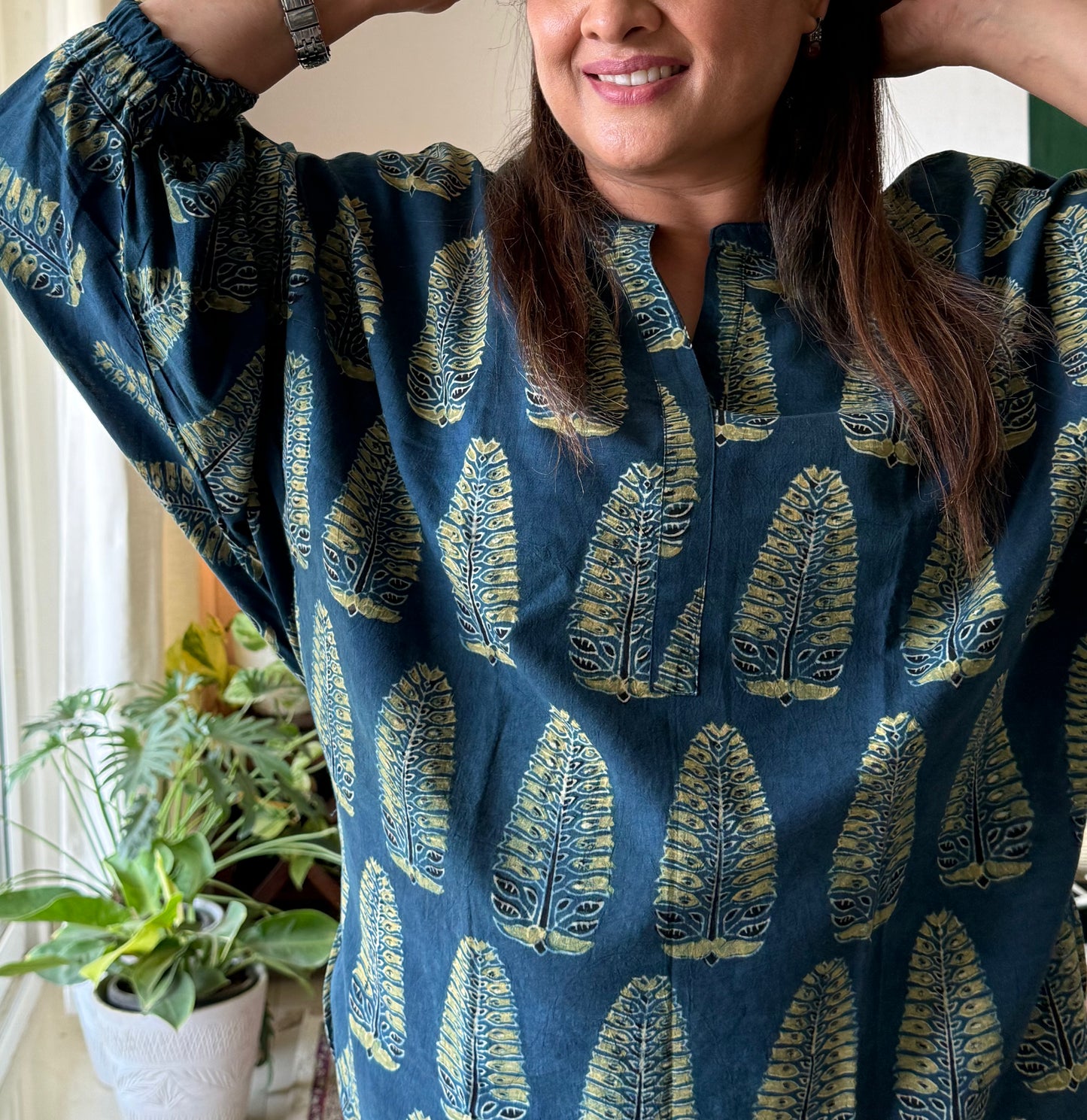 Ajrakh cotton Kaftan- Aqua