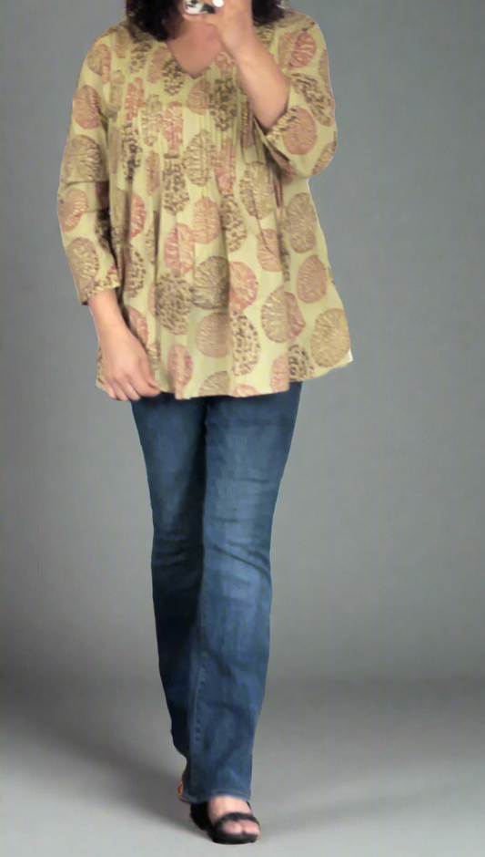Hand Block Printed Pintuck V Neck Green Top