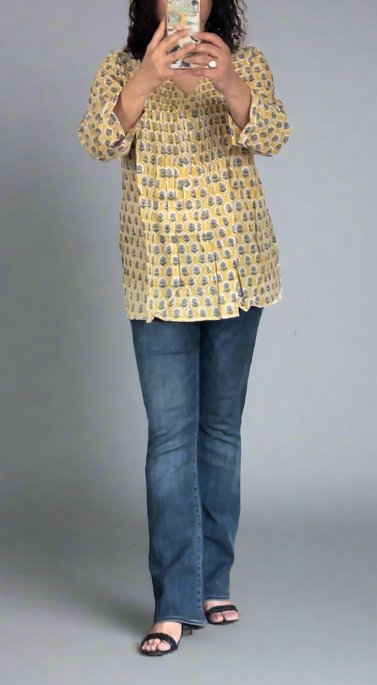 Hand Block Printed Pintuck V Neck Yellow Top