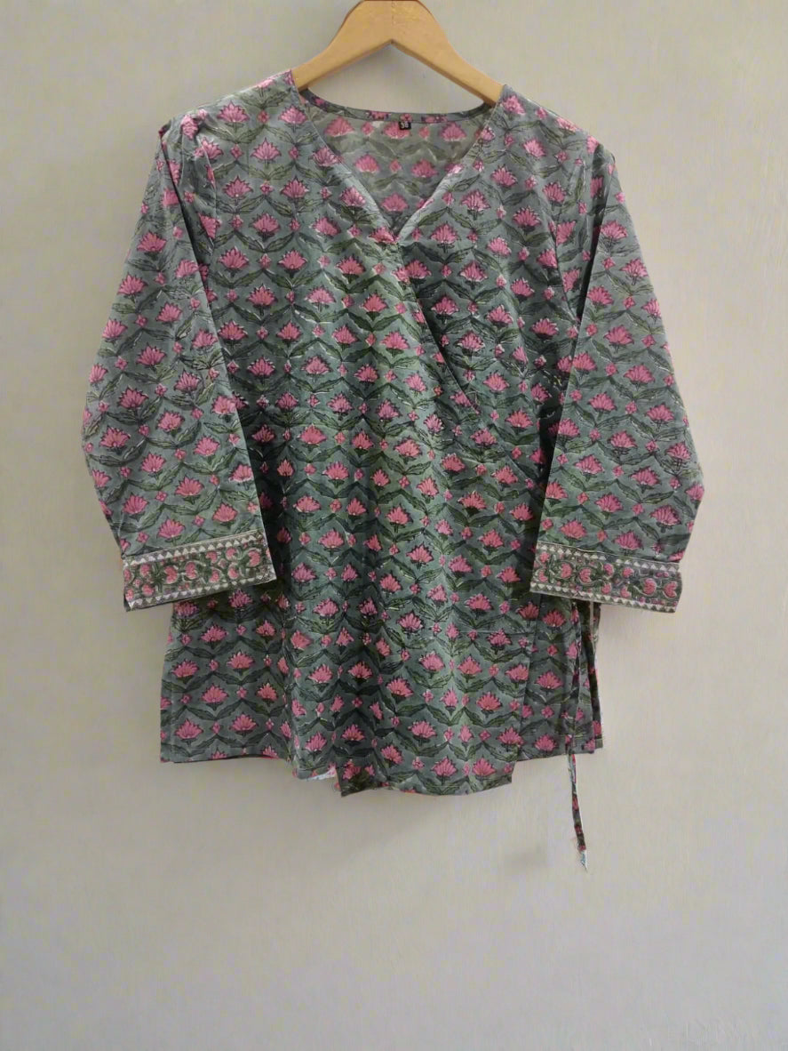 Hand Block Printed Wrap Top Grey