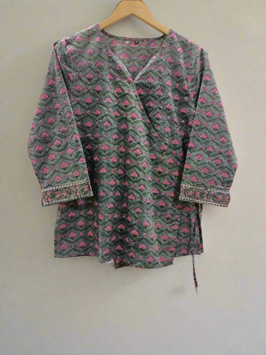 Hand Block Printed Wrap Top Grey