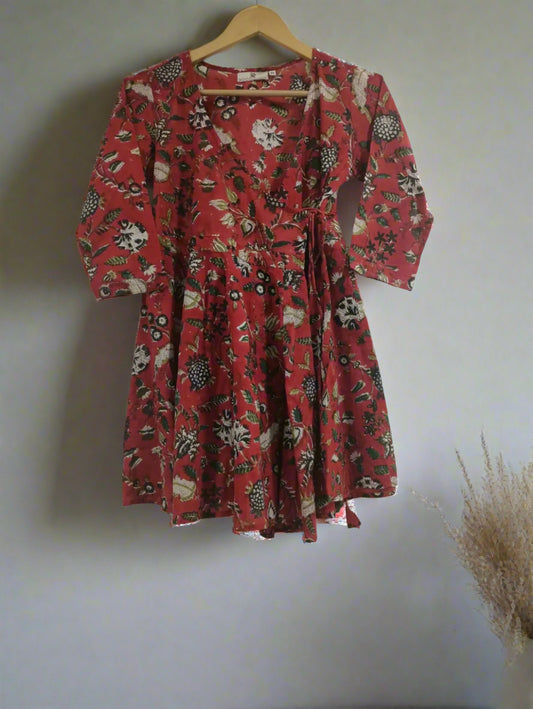 Hand Block Printed Angarkha Kali Cotton Red Top