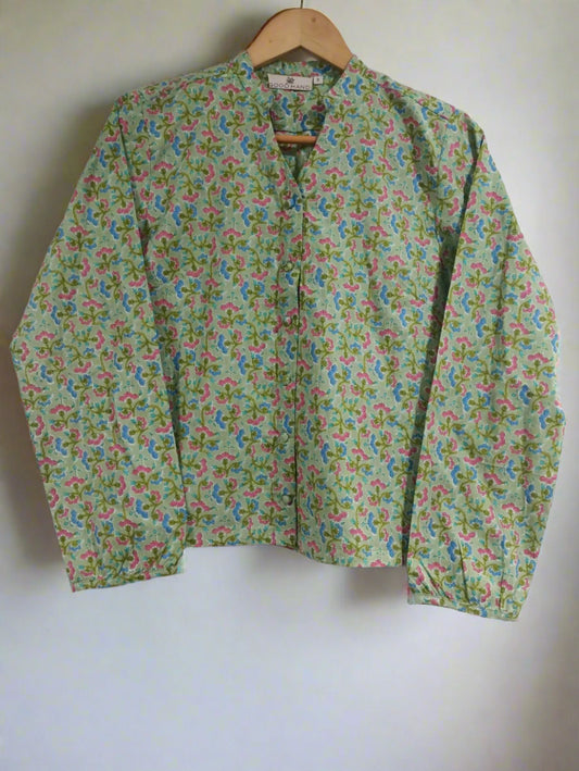 Hand Block Printed Cloth Button Top Light Green