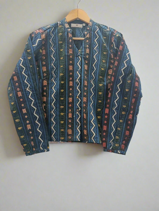 Hand Block Printed Cloth Button Top Blue