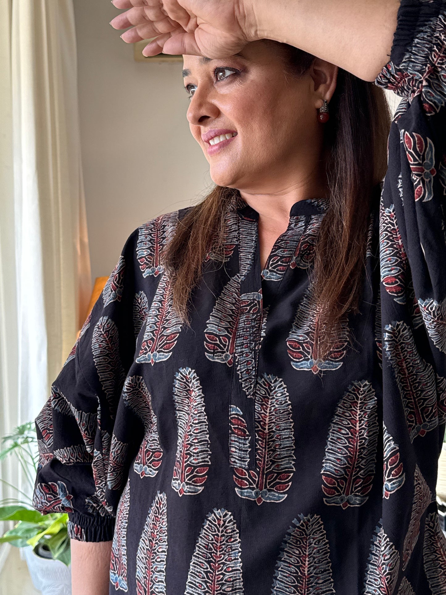 Ajrakh Cotton Kaftan Top- Black